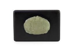 A Chinese pale celadon jade mounted wood box,the Qing dynasty jade plaque carved in the form of a