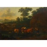 Attributed to Nicholaes Berchem (Dutch, 1620-1683) Landscape with cattle drovers crossing a riveroil