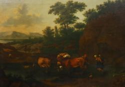 Attributed to Nicholaes Berchem (Dutch, 1620-1683) Landscape with cattle drovers crossing a riveroil