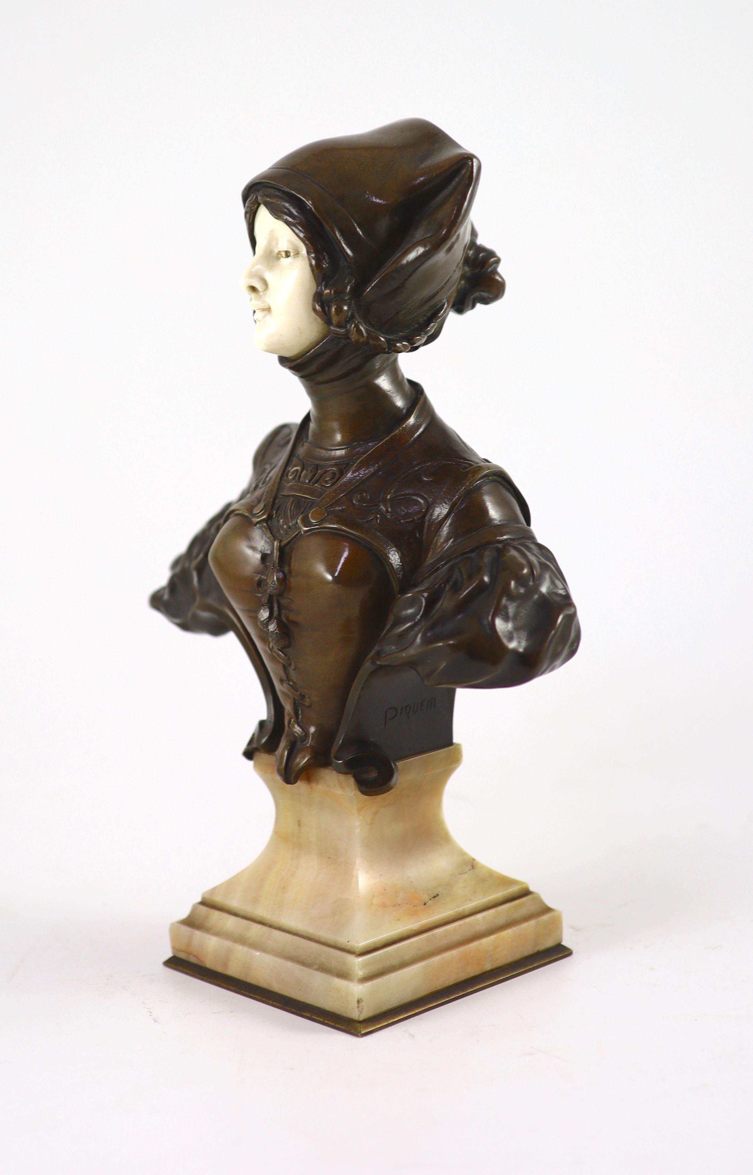 Francois Alphonse Piquemal (1869-1911) a French bronze and ivory bust of a medieval lady, c.1900, - Image 2 of 5