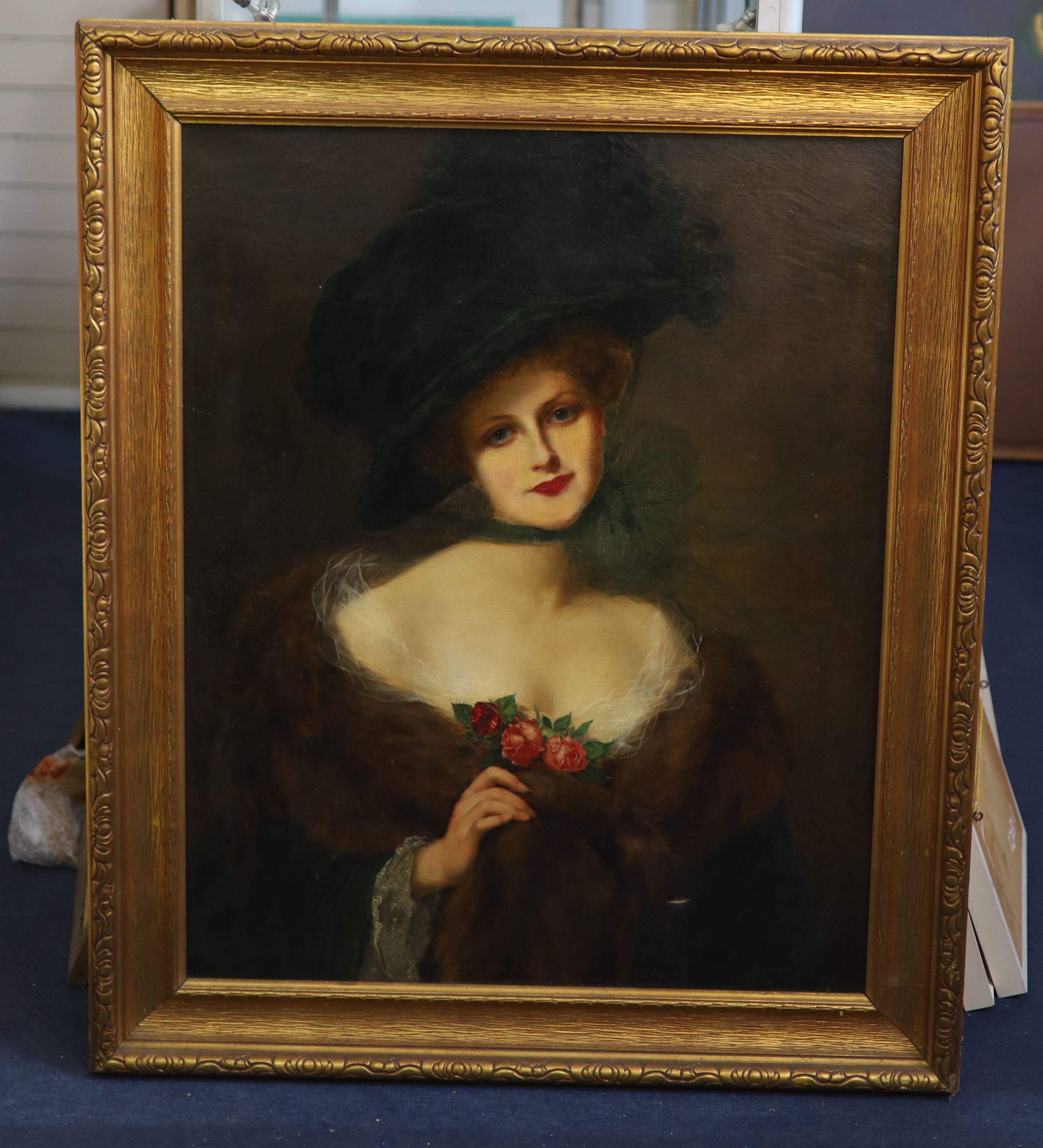 Francois Martin-Kavel (French, 1861-1931) Half length portrait of a young woman with rose corsageoil - Image 2 of 3