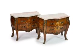 A pair of 18th century style Dutch kingwood and floral marquetry bombe commodeswith bronze mounts