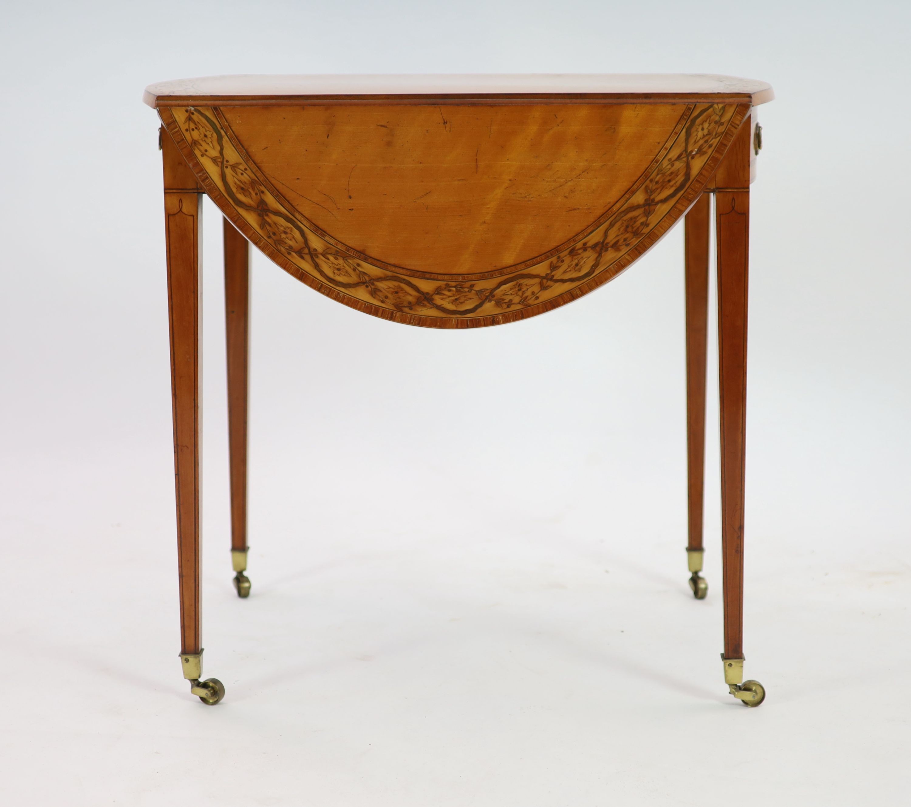A George III Sheraton style marquetry inlaid satinwood Pembroke table,the oval top with rosewood and - Image 3 of 4