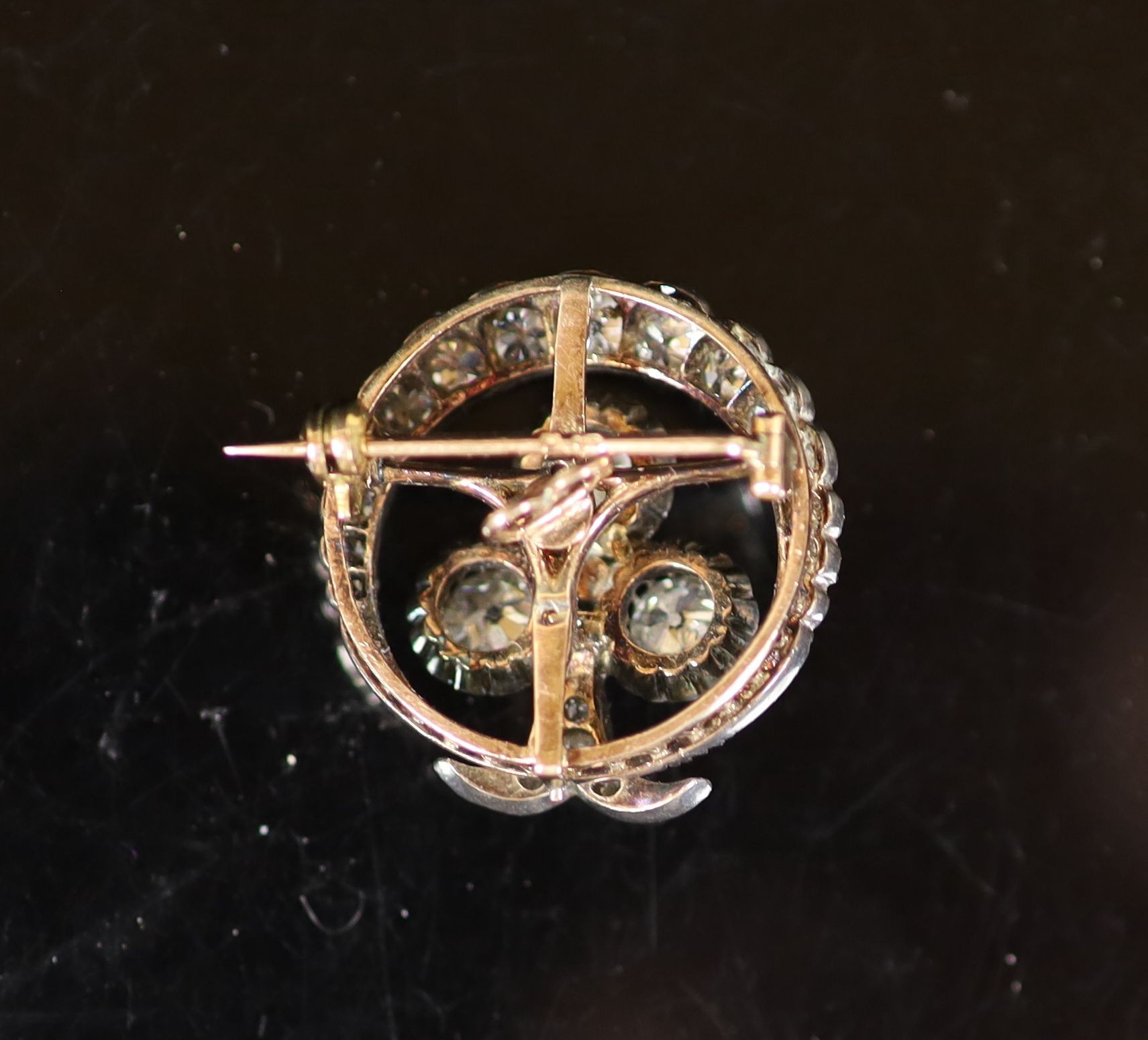 A late Victorian gold, silver and diamond cluster set 'crescent and clover' circular brooch,the - Image 2 of 2