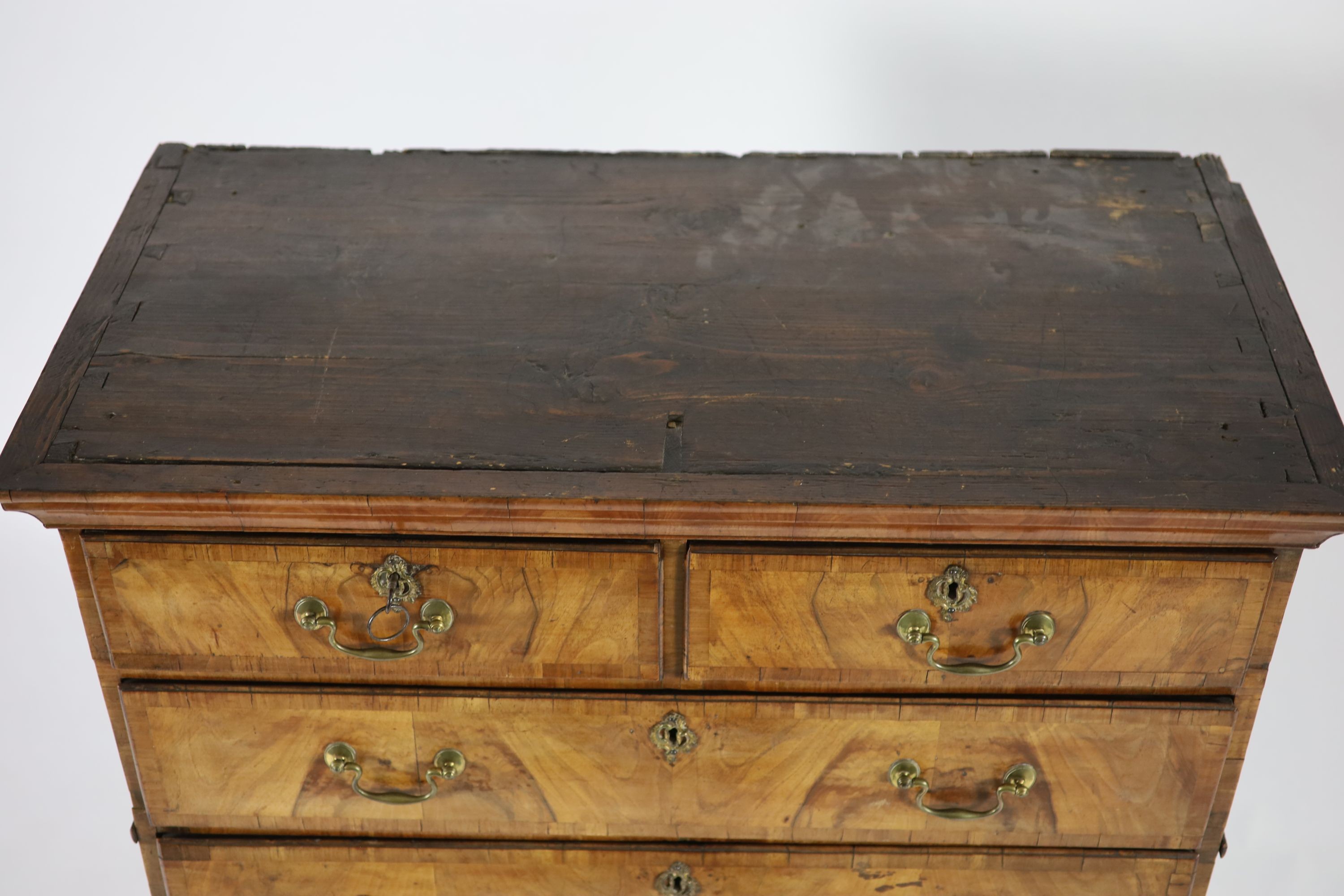 A George II walnut chest on standwith moulded cornice, two short and three graduated long drawers - Image 3 of 4