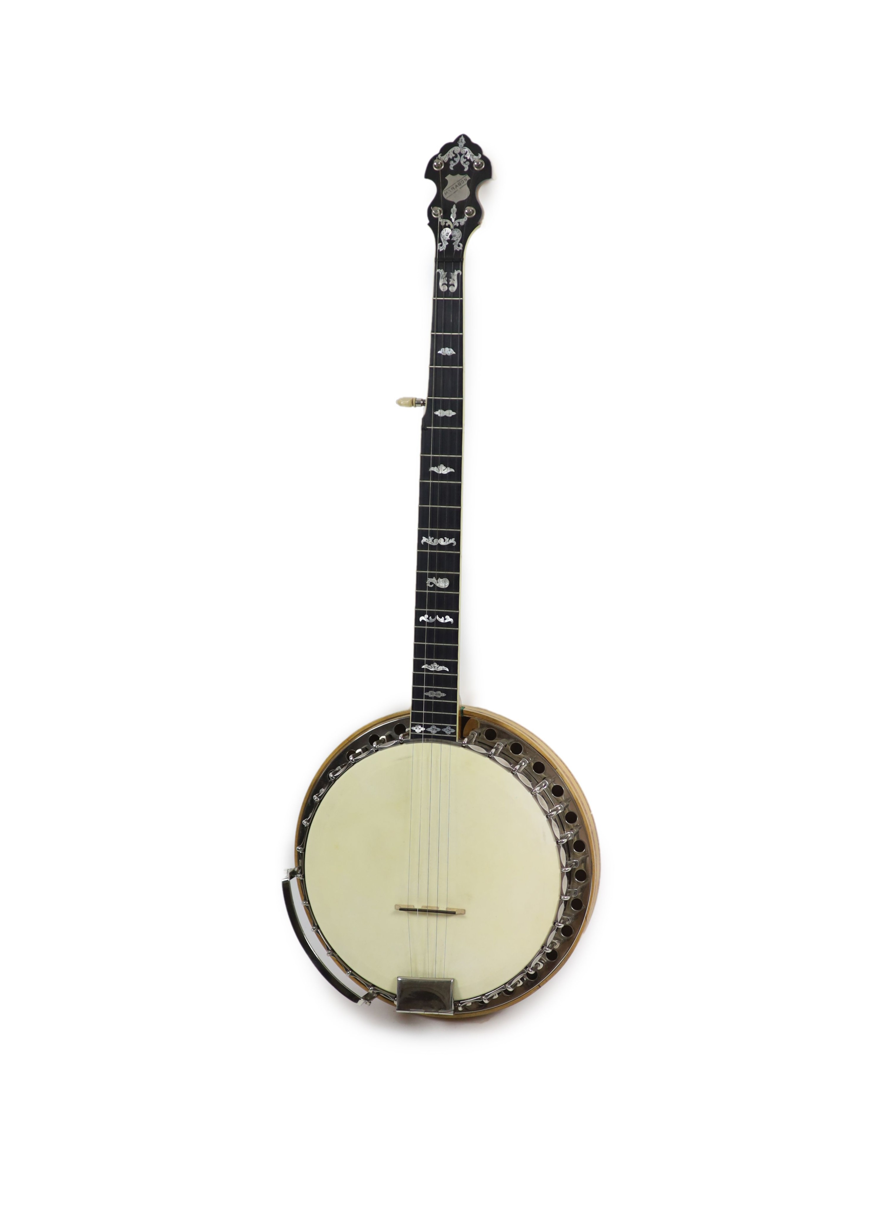 A Paragon banjowith ornate inlaid peg board and fret board, nut to bridge 27 inches, 22 frets,