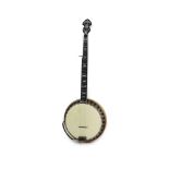 A Paragon banjowith ornate inlaid peg board and fret board, nut to bridge 27 inches, 22 frets,