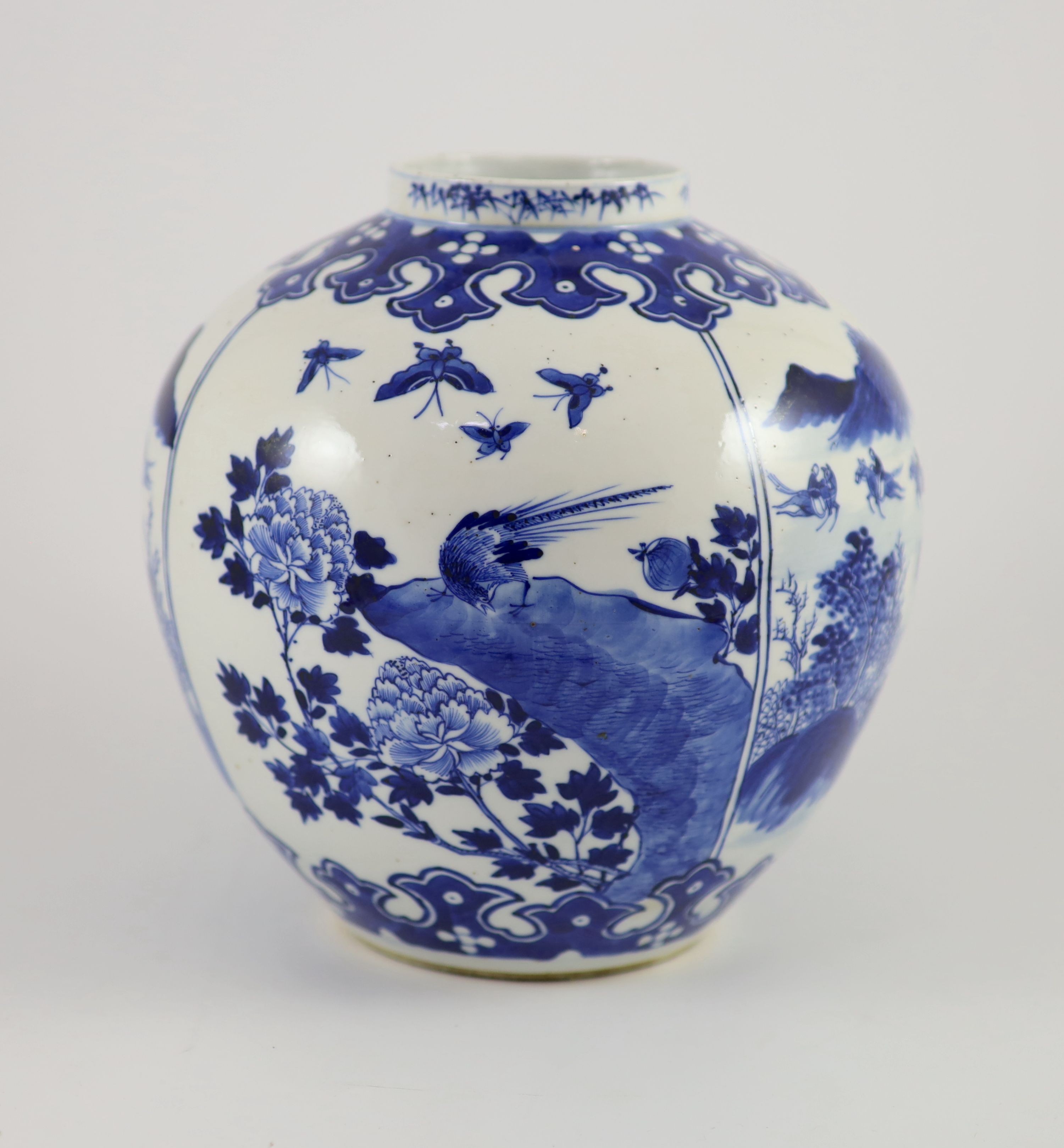 A Chinese blue and white ovoid jar, 19th century,the panels painted with figures riding on horseback - Image 2 of 4