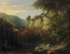 18th century English School Italianate landscape with figures alighting upon a boatOil on canvas51 x