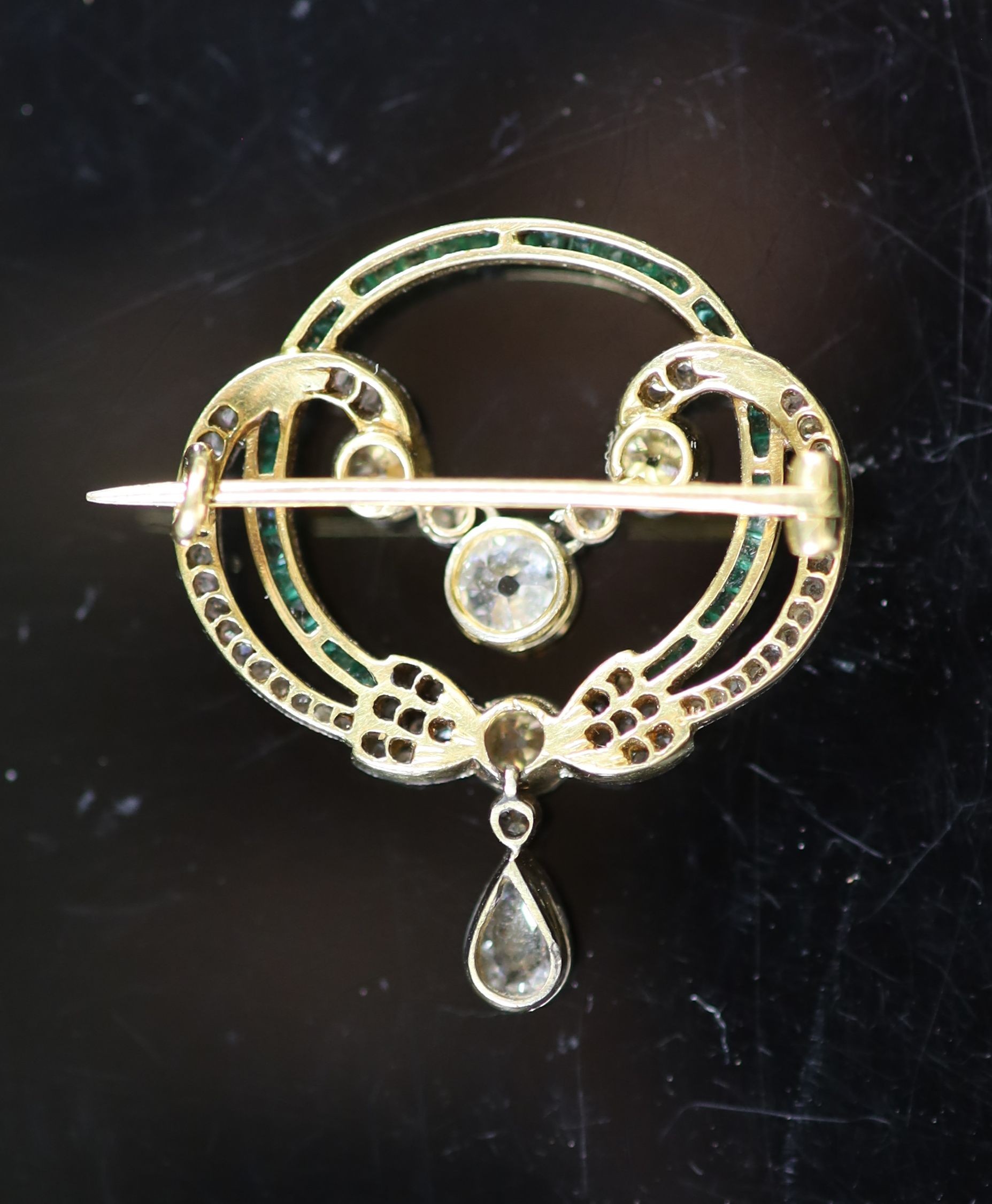 A 1920's gold and platinum, emerald and diamond set open work drop brooch,with square cut emeralds - Image 2 of 2