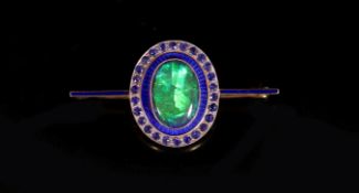 An early to mid 20th century gold, black opal doublet, blue enamel and millegrain sapphire set bar