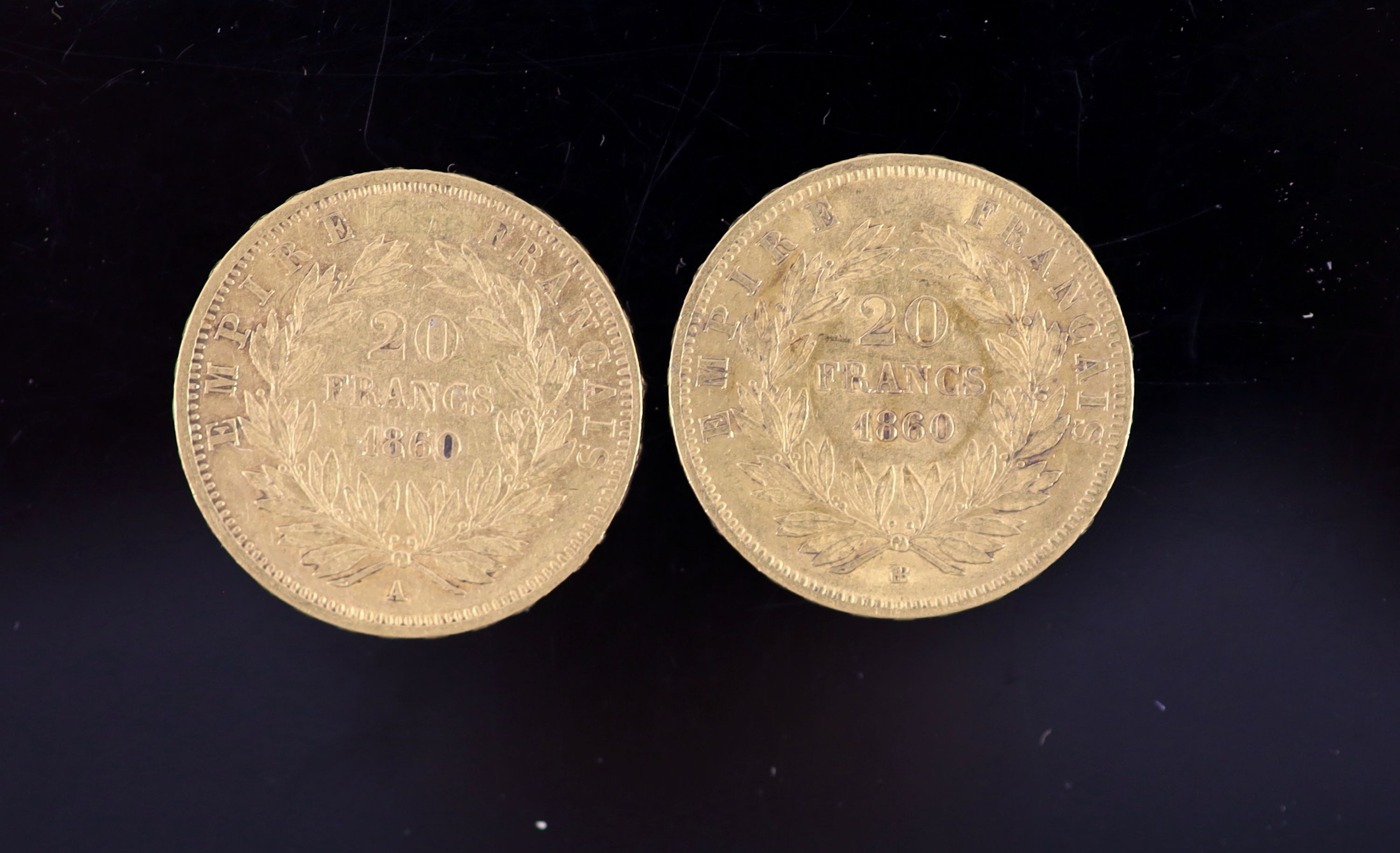 France coins, two Napoleon III gold 20 francs, 1860BB, F and 1860A, F - Image 2 of 2