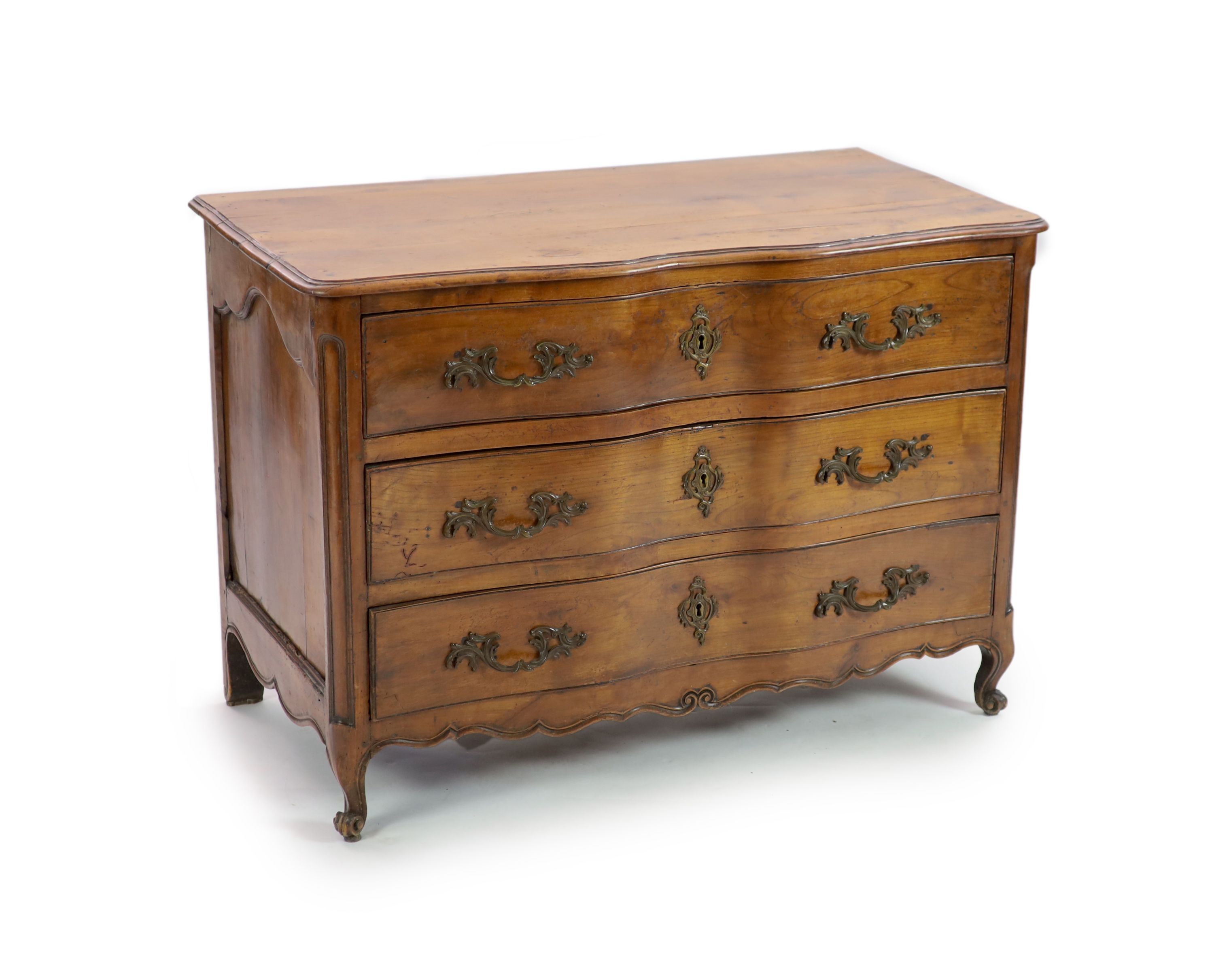 A Louis XV chestnut serpentine chest of three drawers, dated 1776,fitted three long drawers on
