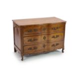 A Louis XV chestnut serpentine chest of three drawers, dated 1776,fitted three long drawers on