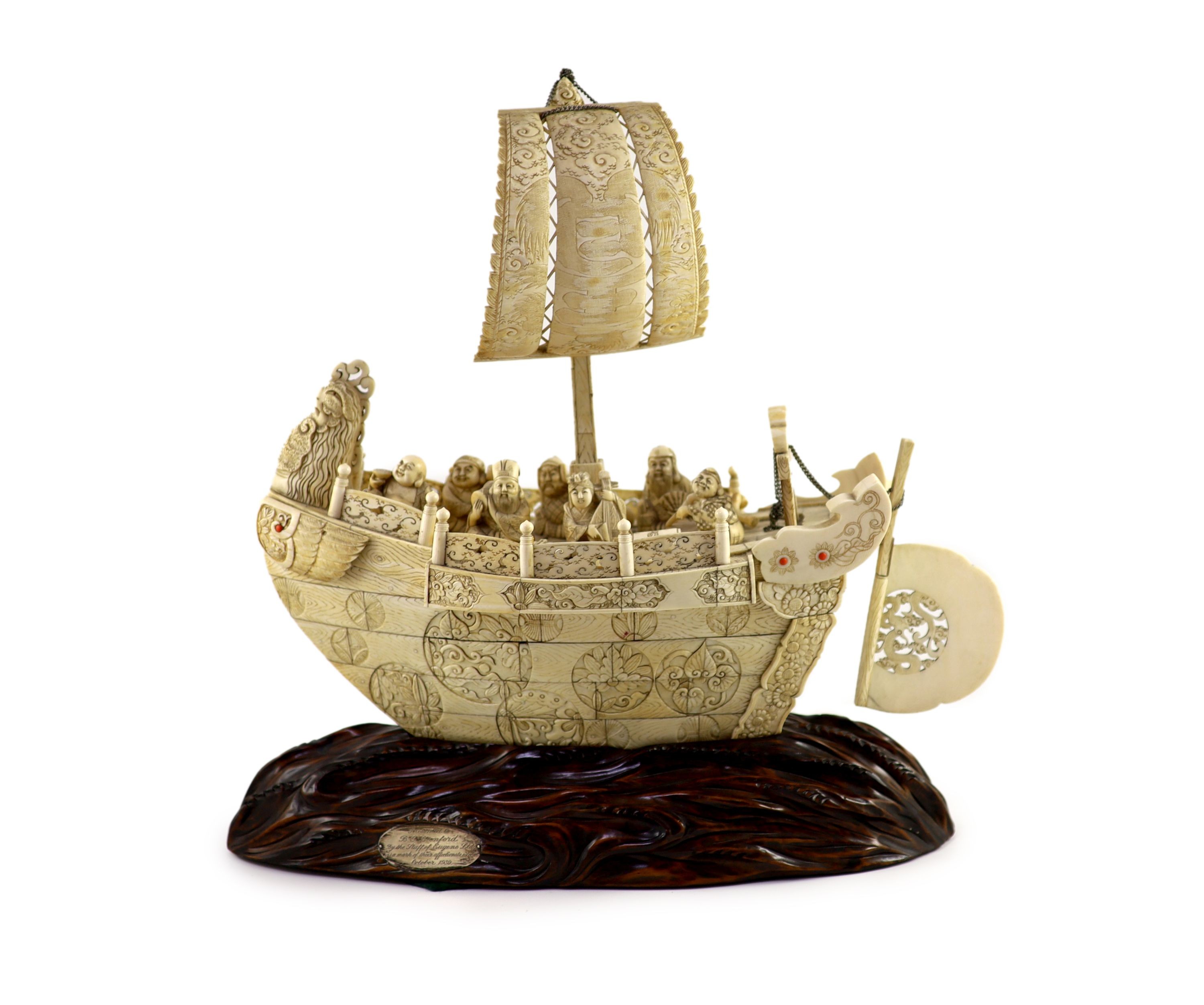 A large Japanese ivory okimono of the seven Gods of Happiness treasure ship the Takarabune, early