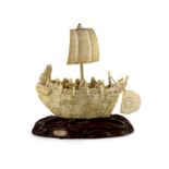 A large Japanese ivory okimono of the seven Gods of Happiness treasure ship the Takarabune, early