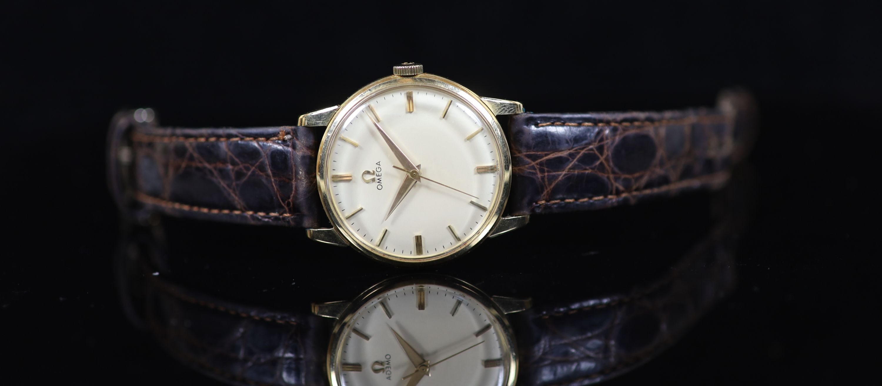 A gentleman's late 1950's 14ct gold Omega manual wind wrist watch,with baton numerals, movement c. - Image 2 of 3