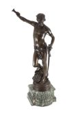 Antonin Mercié (1845-1916). A bronze figure of David standing holding a swordwith his foot resting