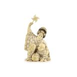 A Japanese ivory okimono of a mother and child, Meiji period,both kneeling, the mother holding a toy