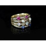 A mid 20th century gold, ruby, diamond sapphire and seed pearl set quadruple shank dress ring,with