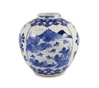 A Chinese blue and white ovoid jar, 19th century,the panels painted with figures riding on horseback