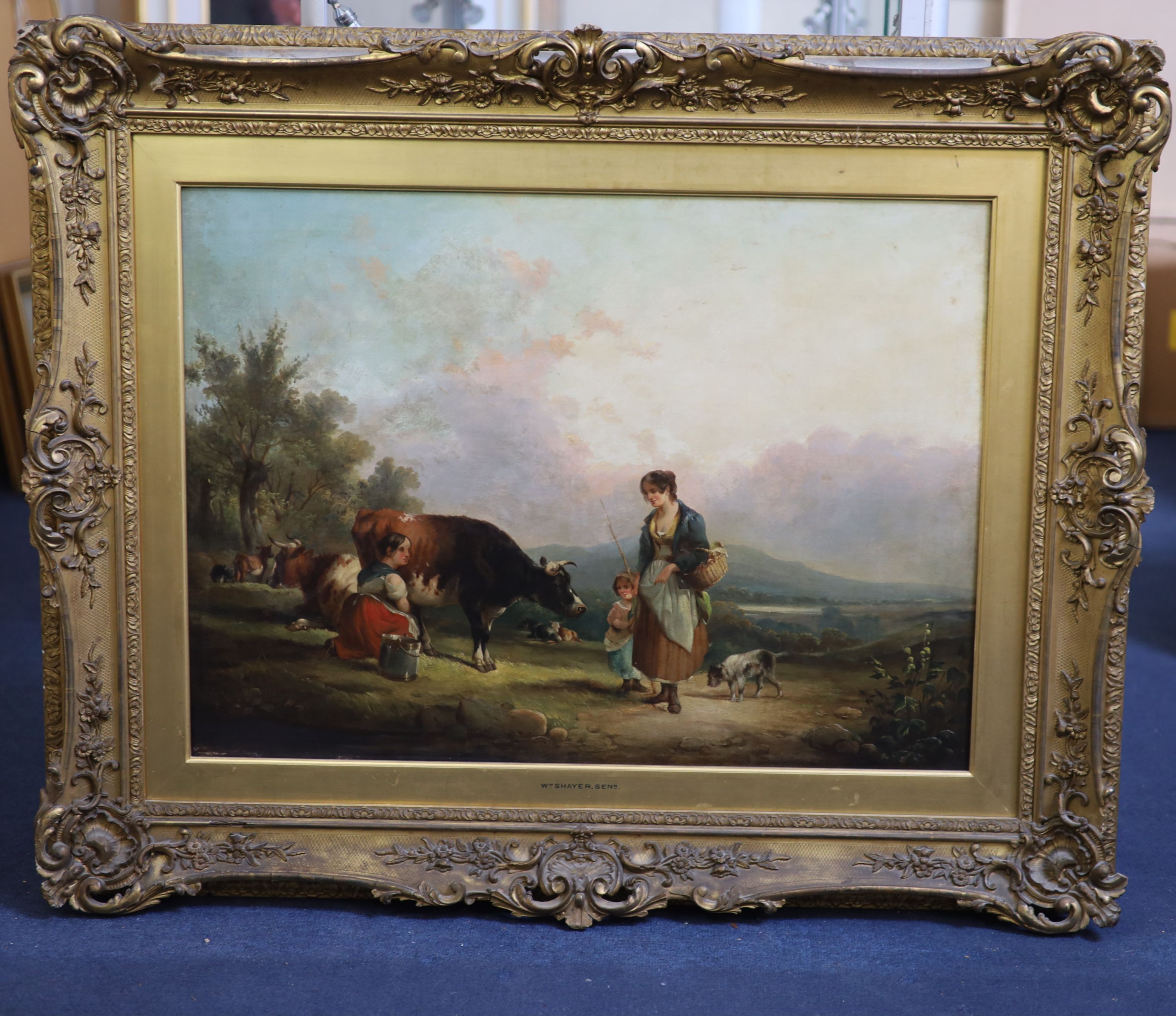 William Shayer Snr (1787-1879) Country folk on a path with a milkmaid and cowOil on canvas55 x - Image 2 of 3