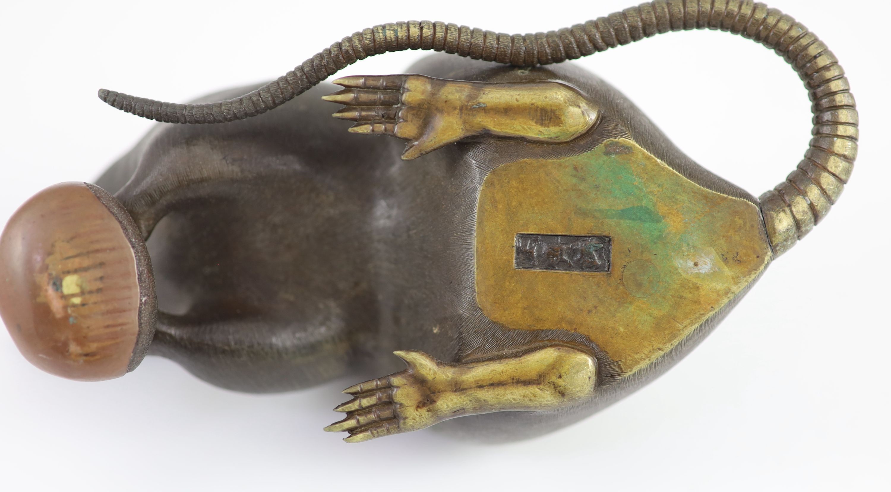 A Japanese two colour bronze figure of a rat, Meiji period, signed Seishu,the rat holding a chestnut - Image 3 of 3