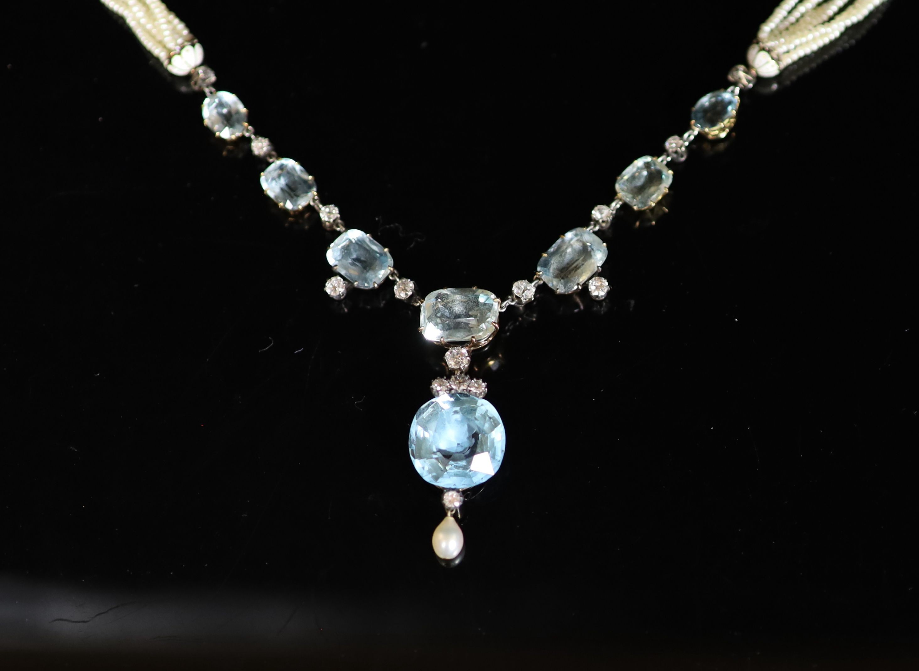 A 19th century gold and silver, aquamarine, diamond, pearl and enamel set multi strand seed pearl - Image 2 of 4