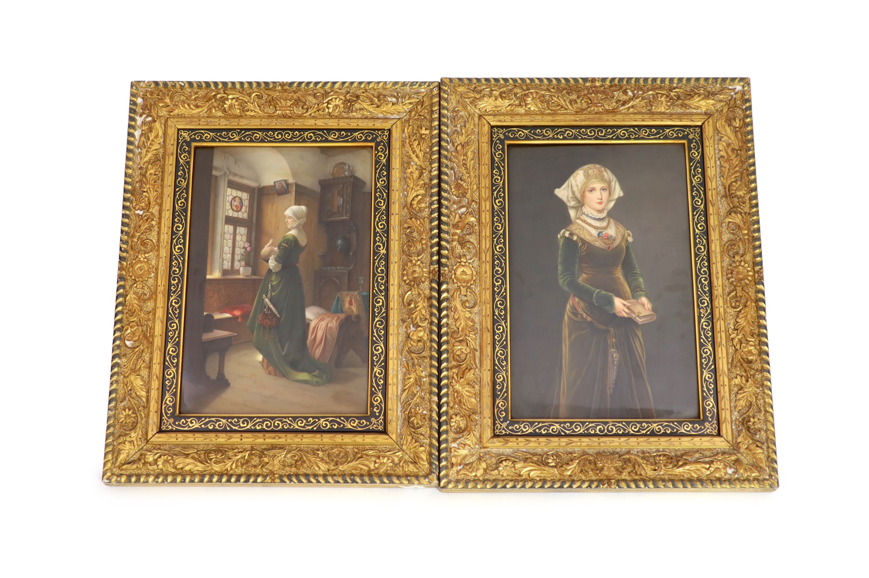 A pair of KPM Berlin porcelain plaques, late 19th century,the first a portrait of a lady in