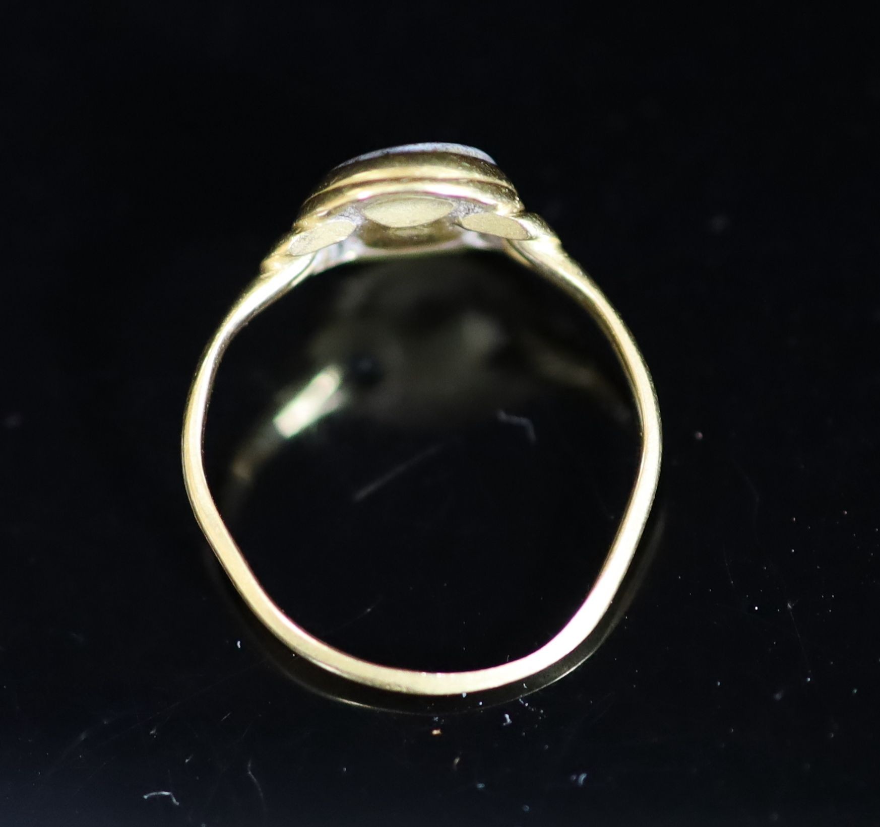 An antique gold and oval chalcedony set ring, carved with the name 'Amelia',size L, gross weight 2.3 - Image 3 of 3