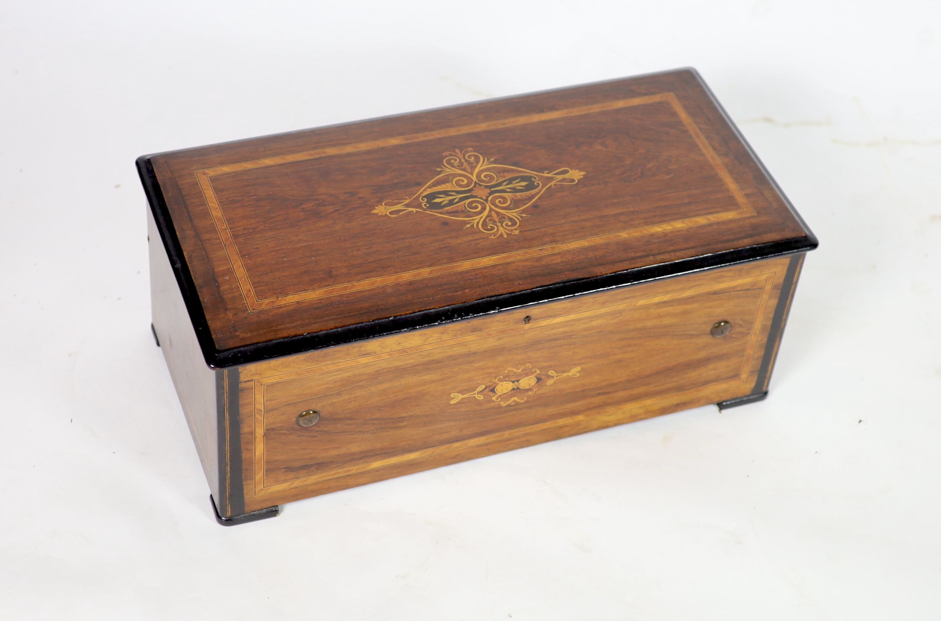 A late 19th century Swiss marquetry inlaid rosewood ten air musical box,with 38cm cylinder and - Image 4 of 4