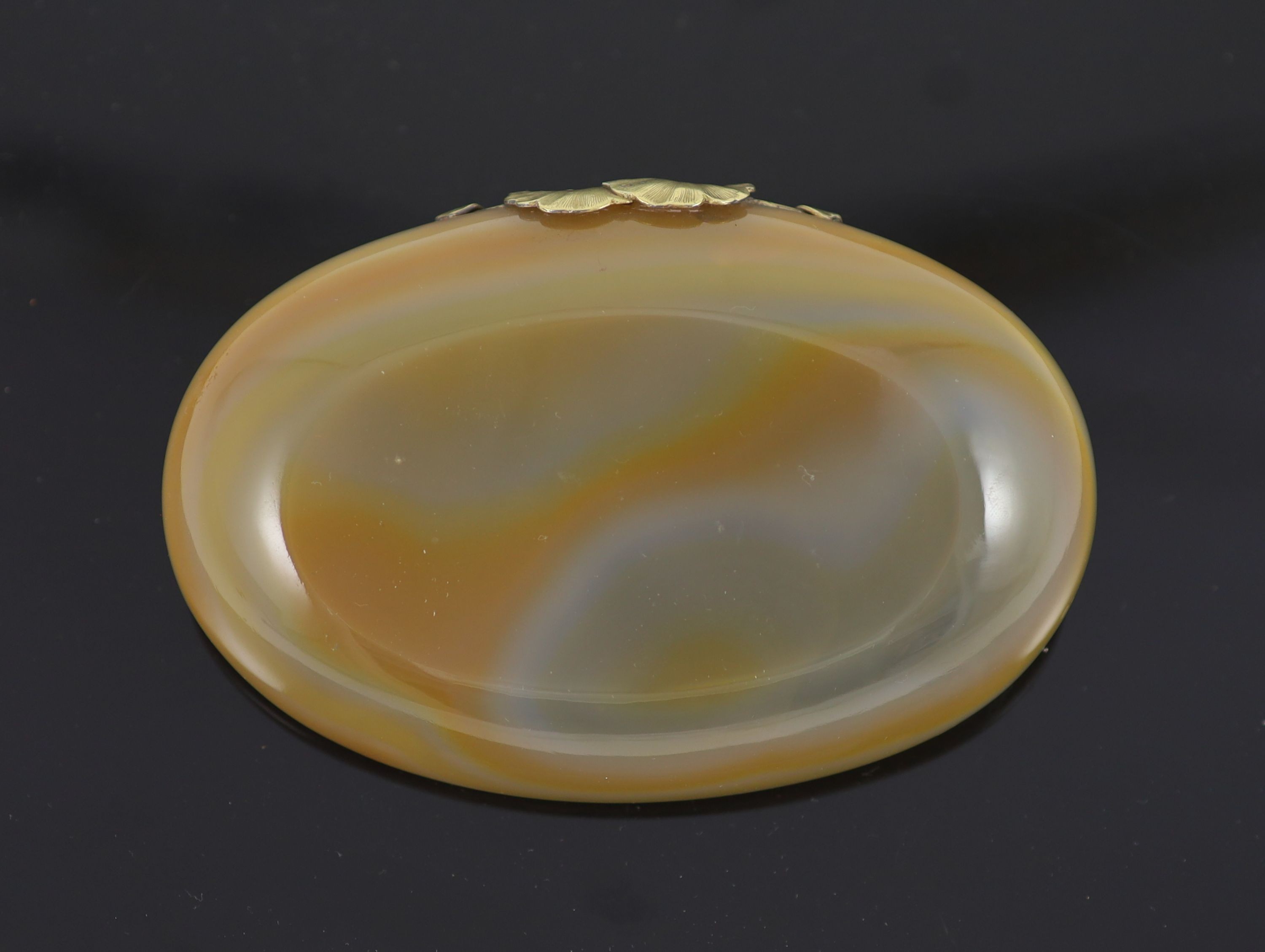 An early 20th century Boucheron silver gilt mounted banded agate oval bowl,the handle of foliate - Image 3 of 3