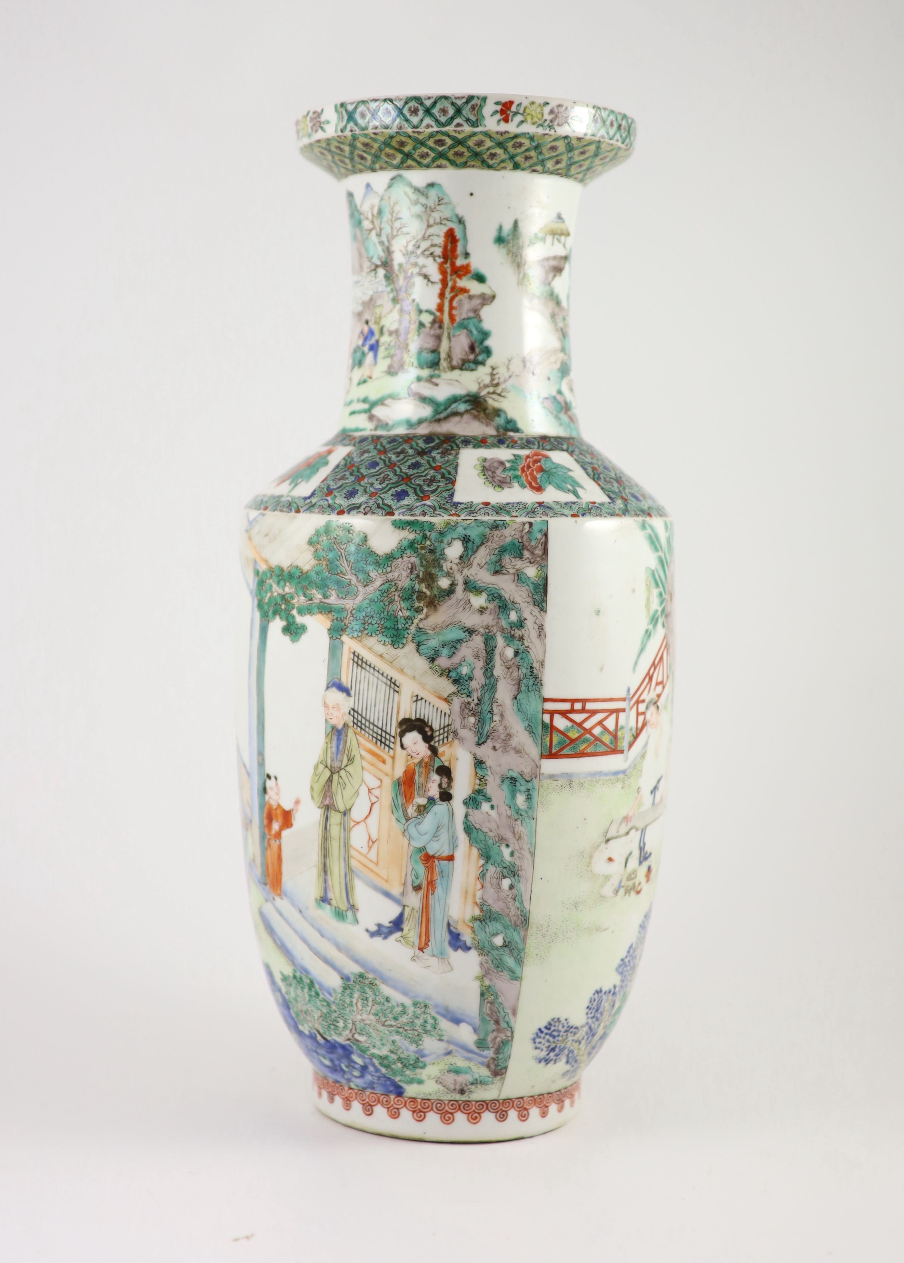 A Chinese famille verte rouleau vase, late 19th century,painted with figures amid garden - Image 2 of 6