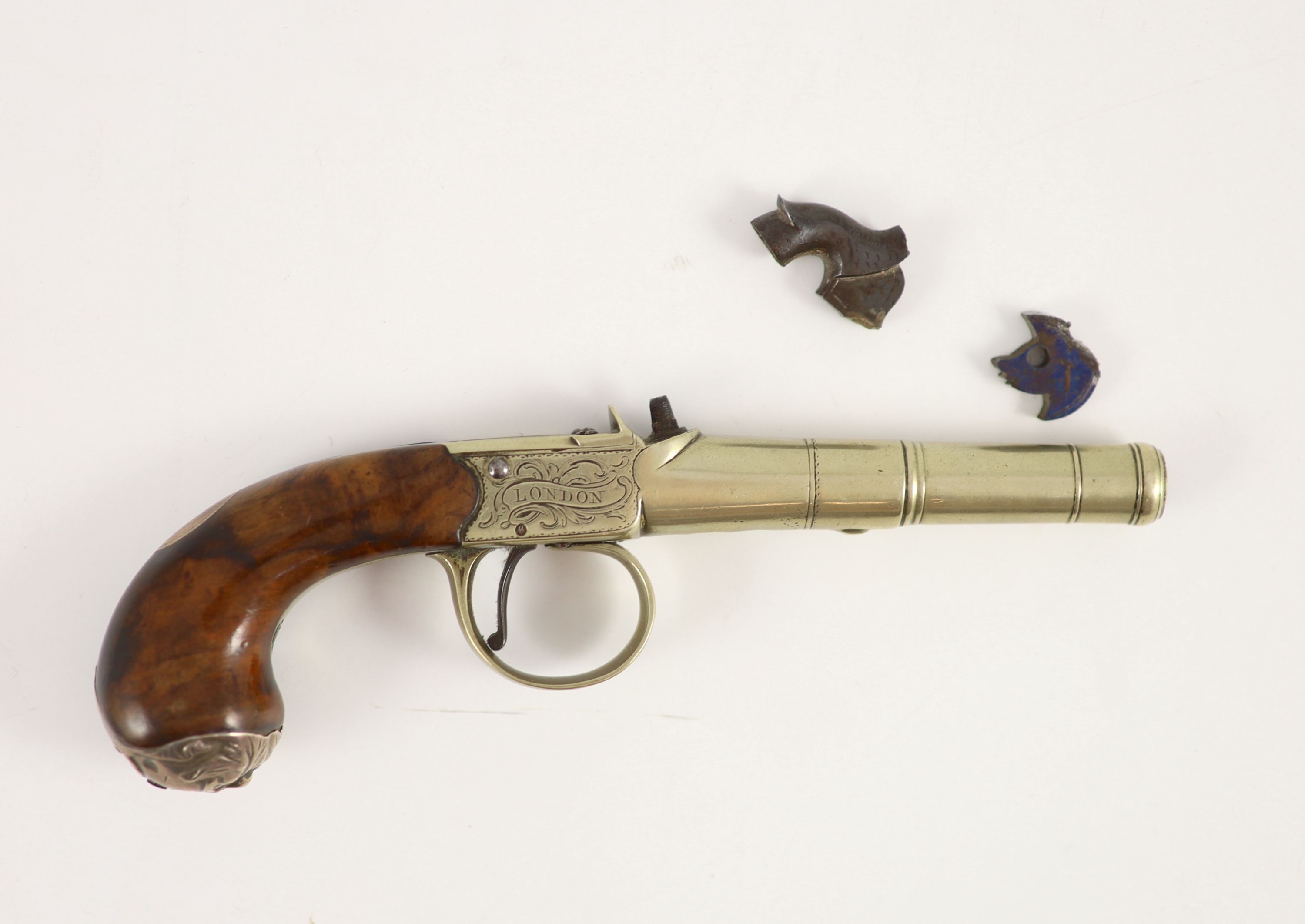 A pair of E.Bond of London boxlock pistolswith percussion hammers and hardwood butts with silver - Image 8 of 9