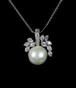 A white gold, mabe pearl and diamond cluster set pendant,on an unmarked white metal chain, pendant