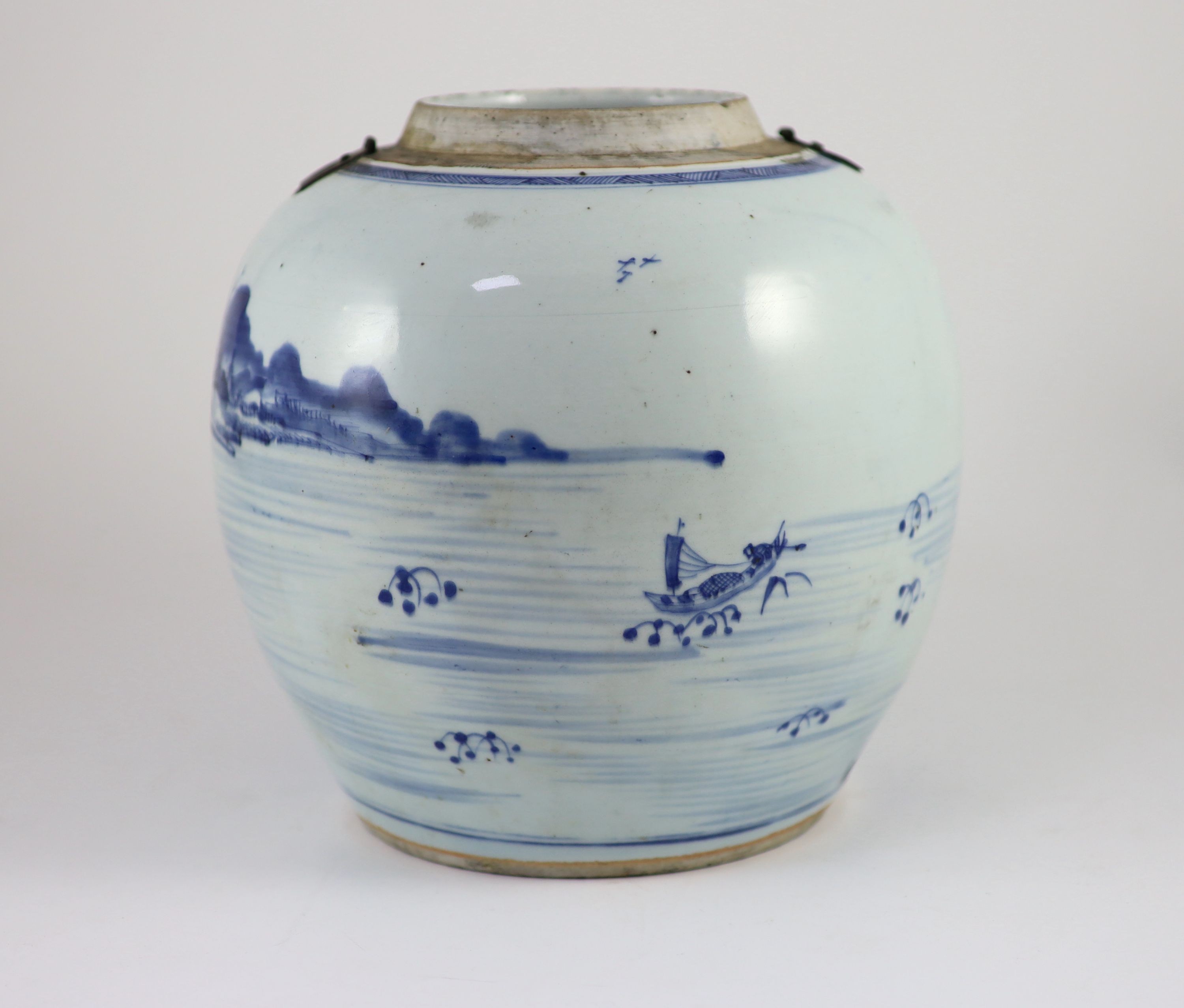 A Chinese blue and white jar and cover, Kangxi period (1662-1722),painted with a mountainous river - Image 4 of 8