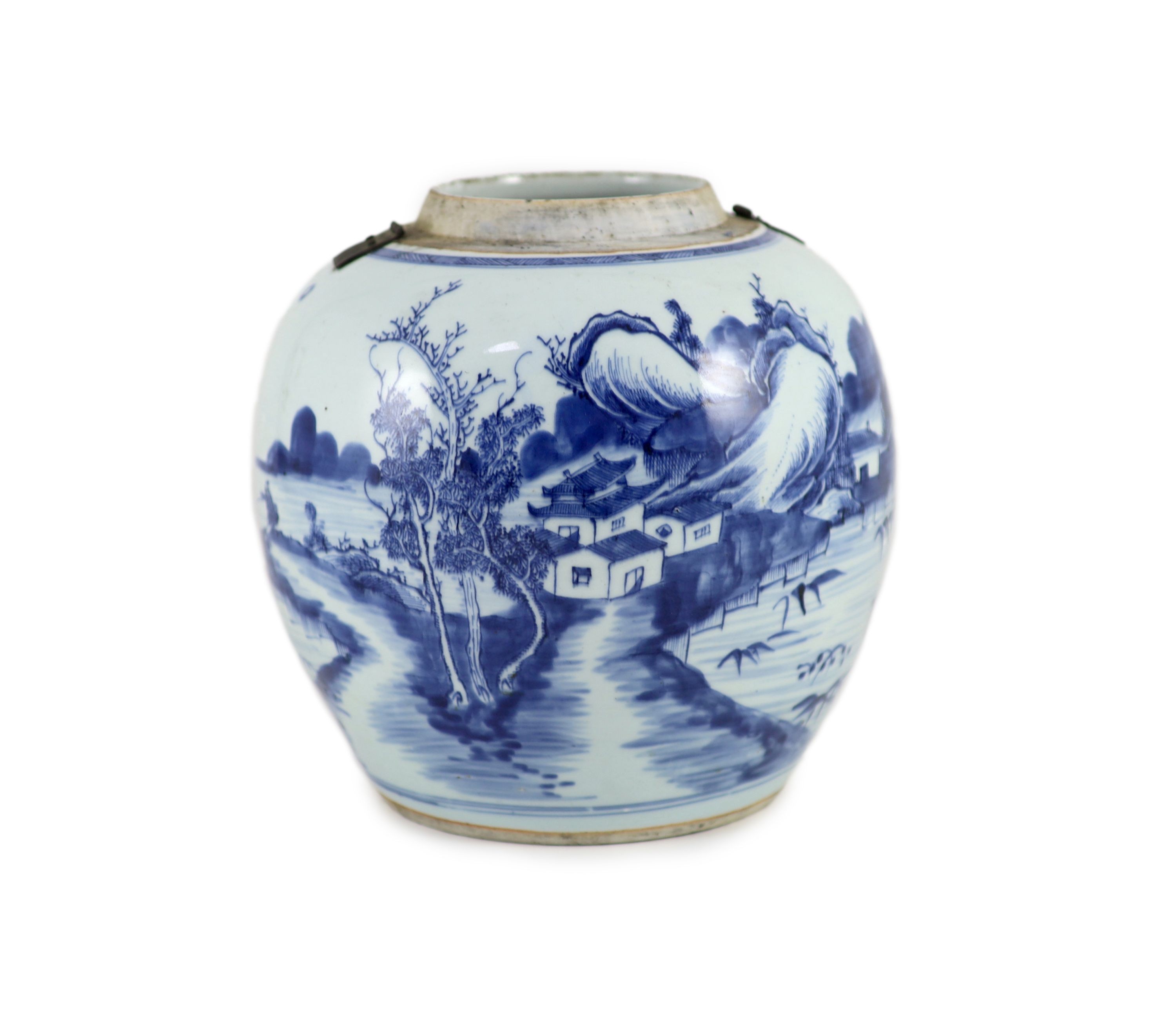 A Chinese blue and white jar and cover, Kangxi period (1662-1722),painted with a mountainous river
