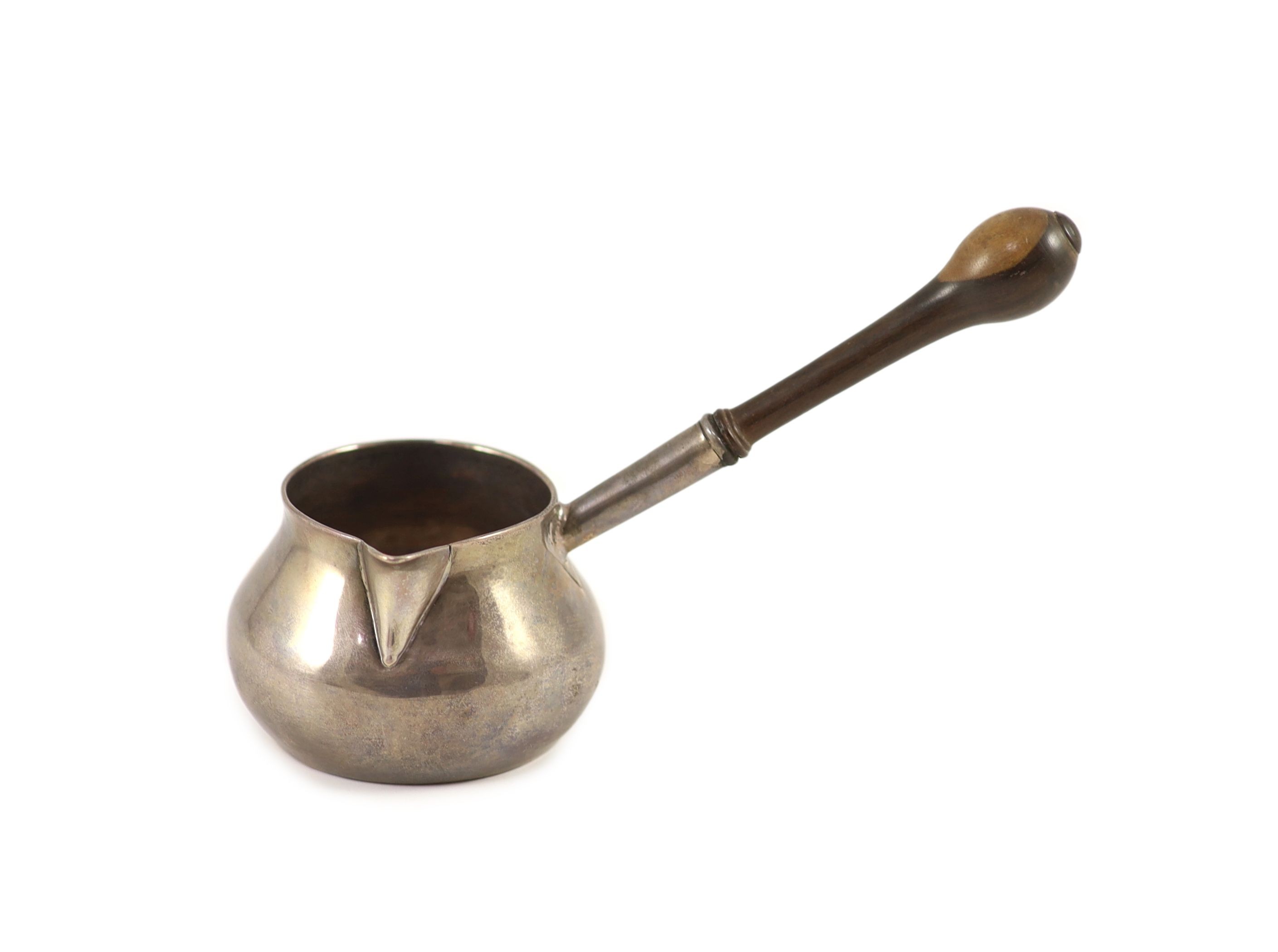 A George I silver brandy saucepan, with lignum vitae handle,maker's mark rubbed, London, 1723,