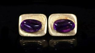 A pair of 1970's Brazilian textured 750 gold and cabochon amethyst Forma Livre set rectangular ear