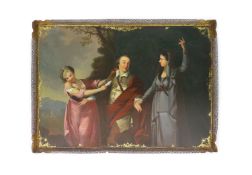 A late 18th century Pontypool japanned tinplate gallery tray painted with ‘Garrick between Comedy