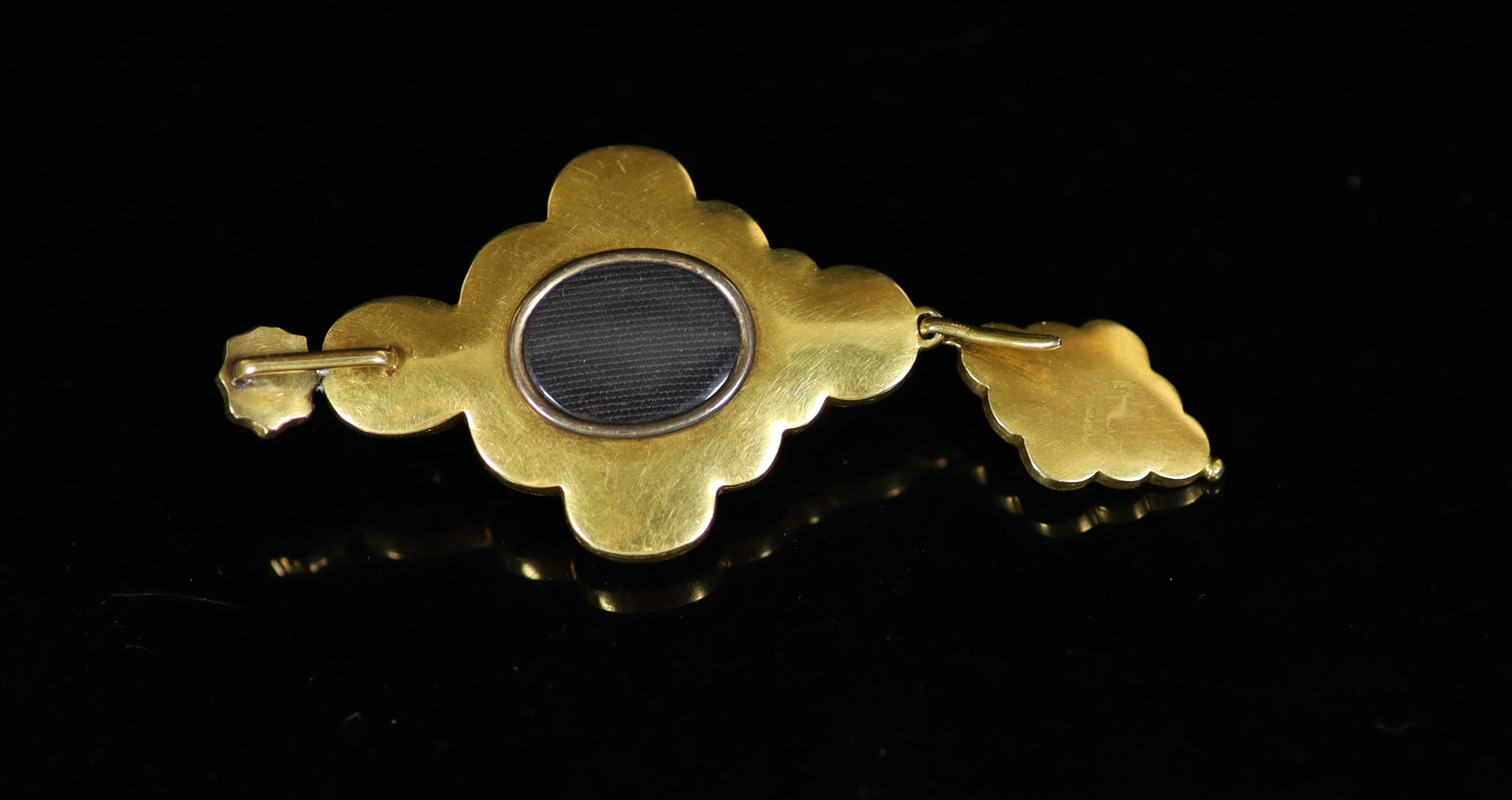 A good Victorian gold, white enamel, emerald and diamond drop pendant,of quatrefoil shape and set - Image 4 of 5