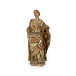 An 18th century Spanish carved wood figure of a female saintwith parcel gilt red stained