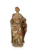 An 18th century Spanish carved wood figure of a female saintwith parcel gilt red stained