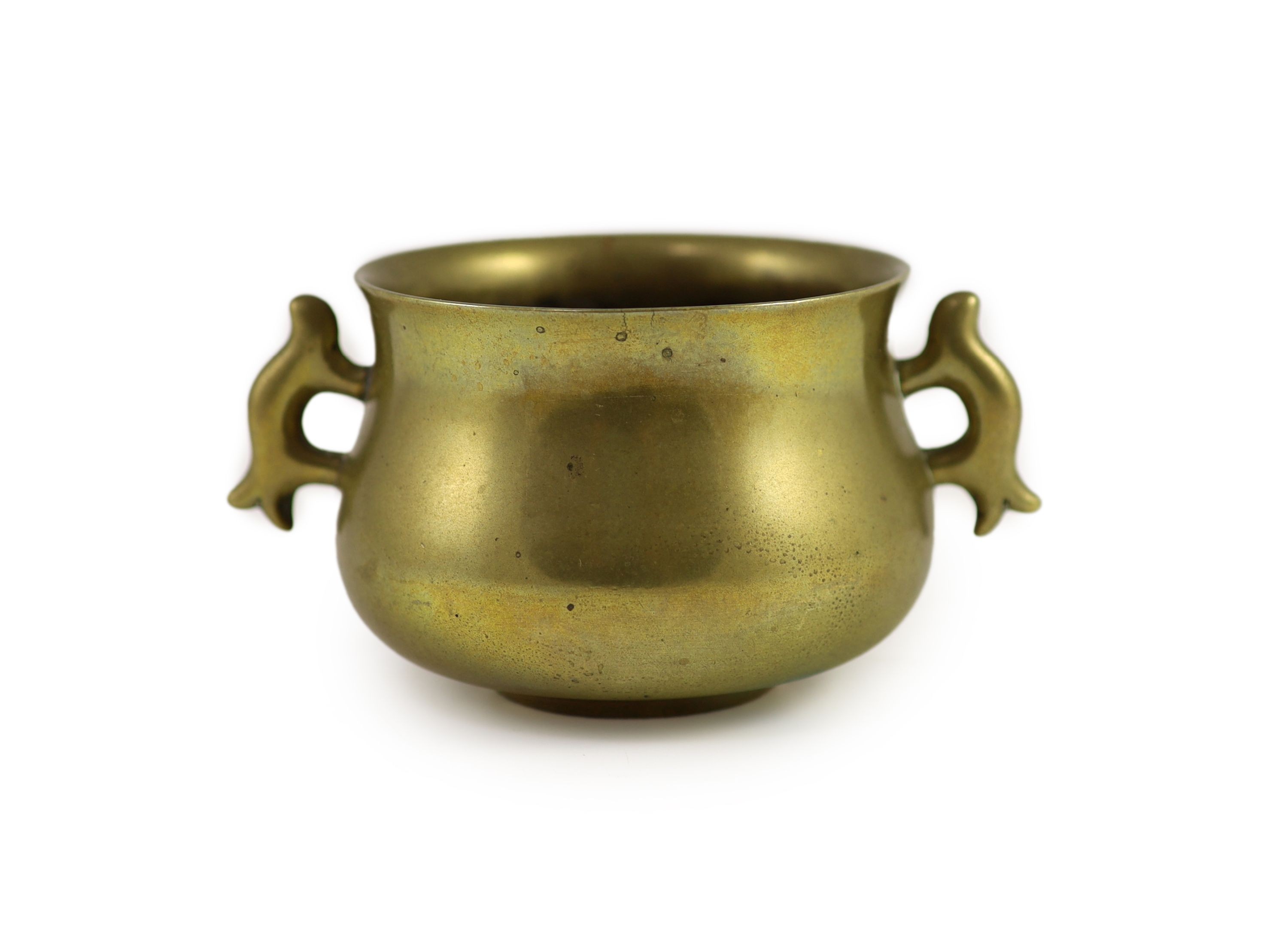 A Chinese bronze baluster shaped censer, gui, Xuande mark but 18th century,applied with a pair of