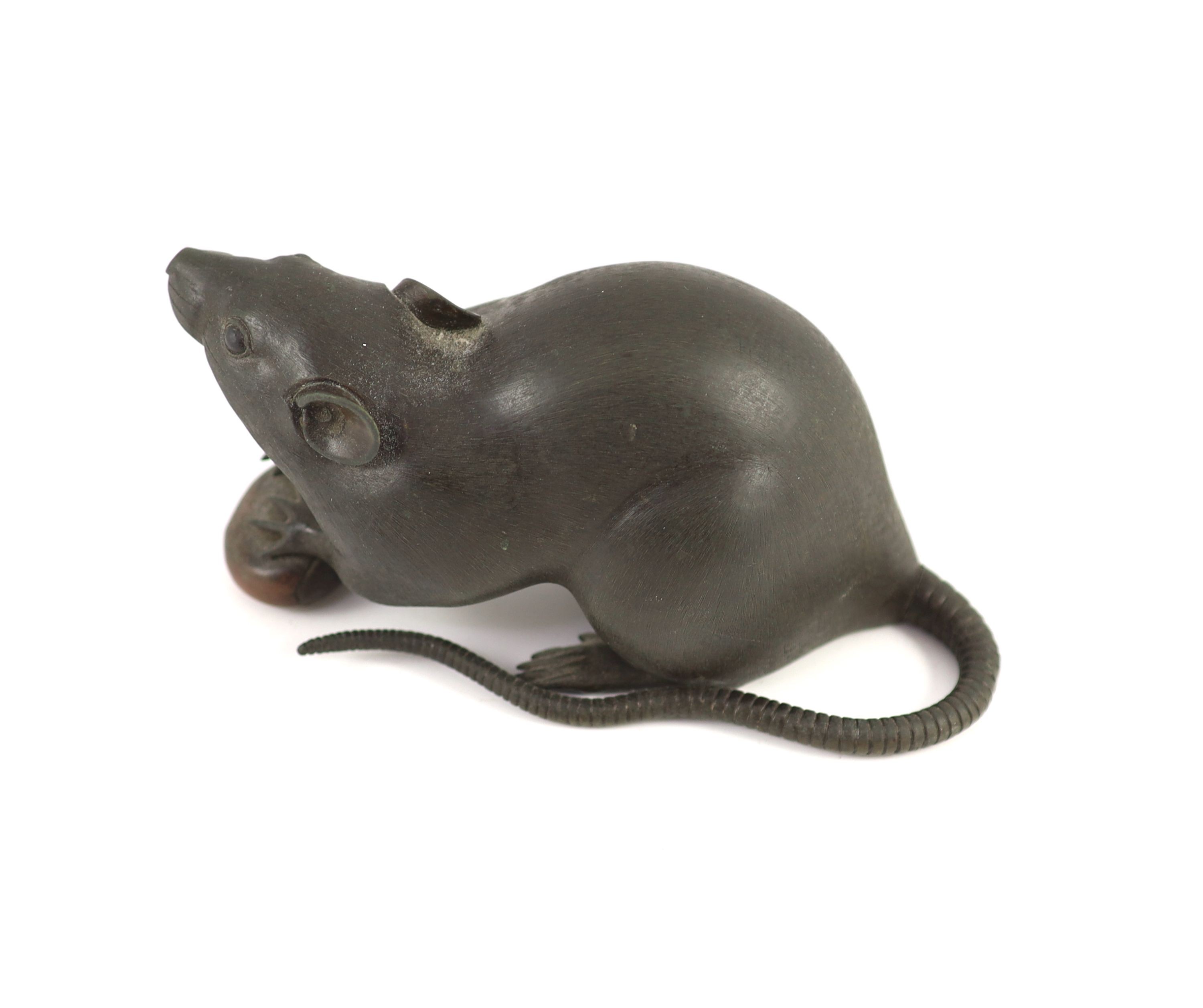 A Japanese two colour bronze figure of a rat, Meiji period, signed Seishu,the rat holding a chestnut - Image 2 of 3