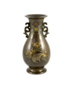 A Japanese bronze and mixed metal 'hare' vase, Meiji period,pear-shaped and applied with a pair of