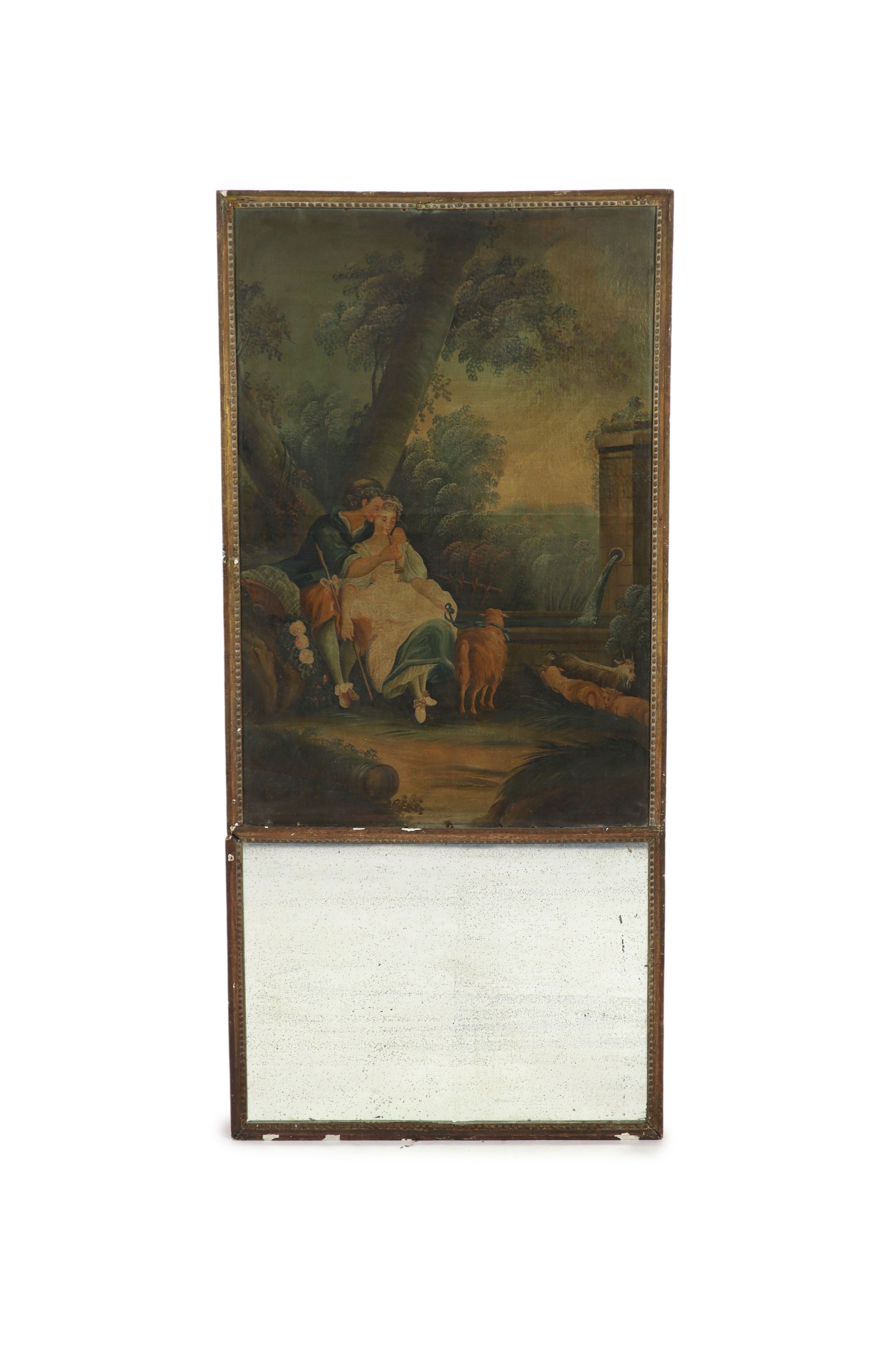 Late 19th century French School Pastoral loversOil on canvasInset within a giltwood and gesso pier