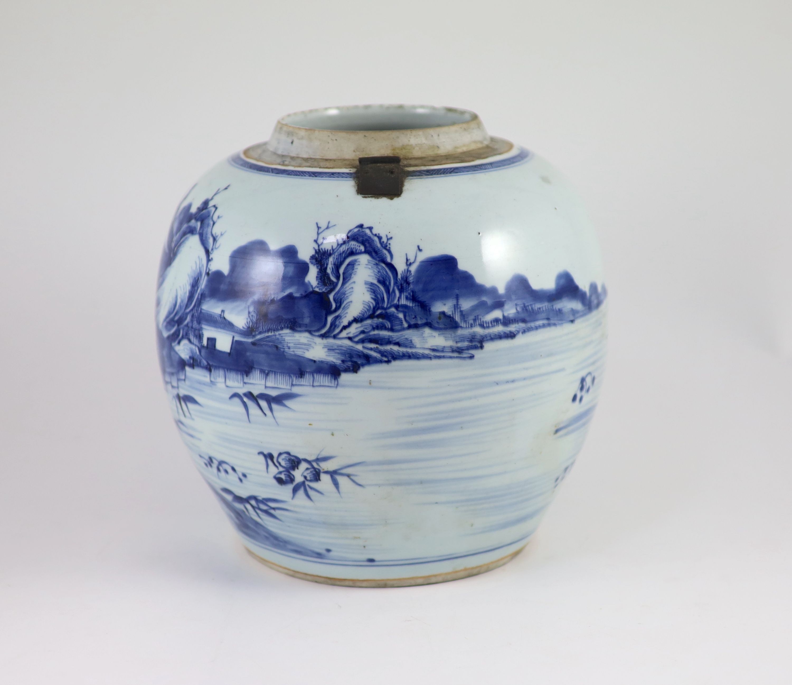 A Chinese blue and white jar and cover, Kangxi period (1662-1722),painted with a mountainous river - Image 2 of 8