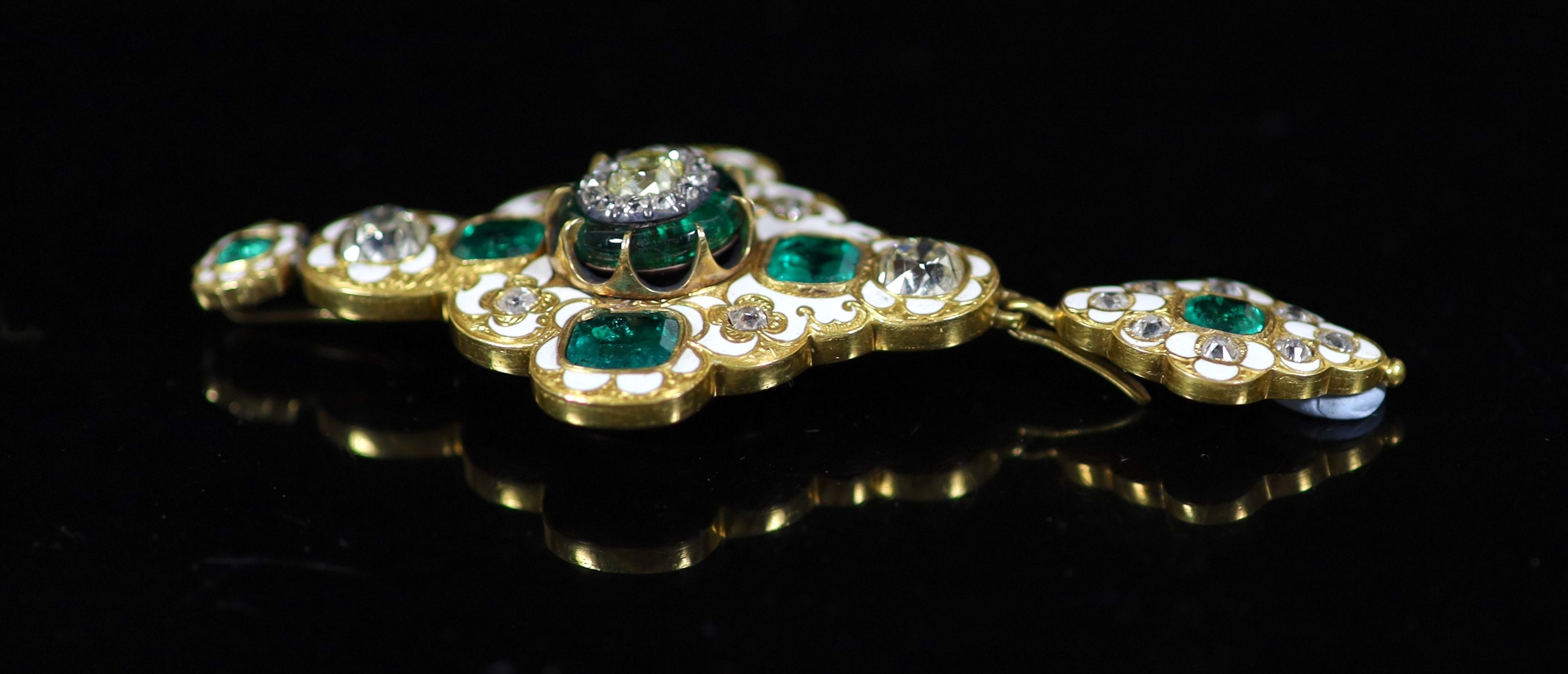 A good Victorian gold, white enamel, emerald and diamond drop pendant,of quatrefoil shape and set - Image 3 of 5