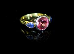 A Theo Fennell 18ct gold, collet set single stone pink tourmaline and two stone pear shaped sapphire